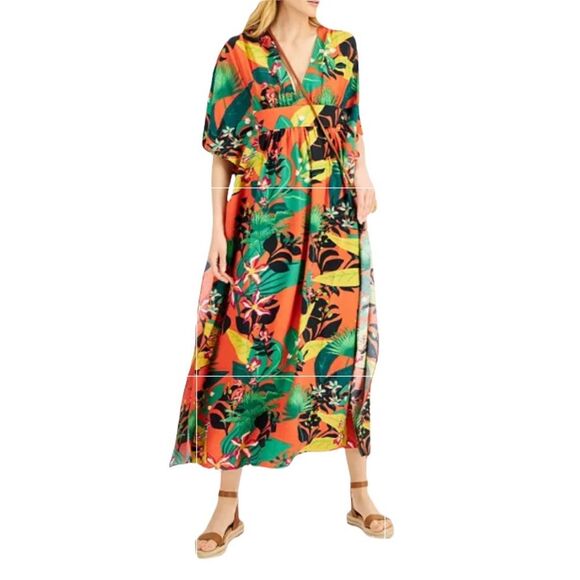 INC International Concepts Tropical Print Caftan Dress Kimono Sleeves Sz PS - Picture 12 of 12